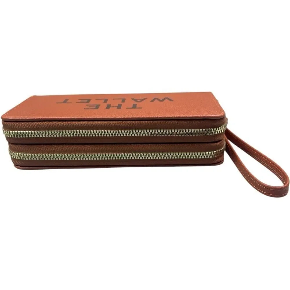 Brown Designer Inspired Lettering Double Zipper Wristlet Wallet